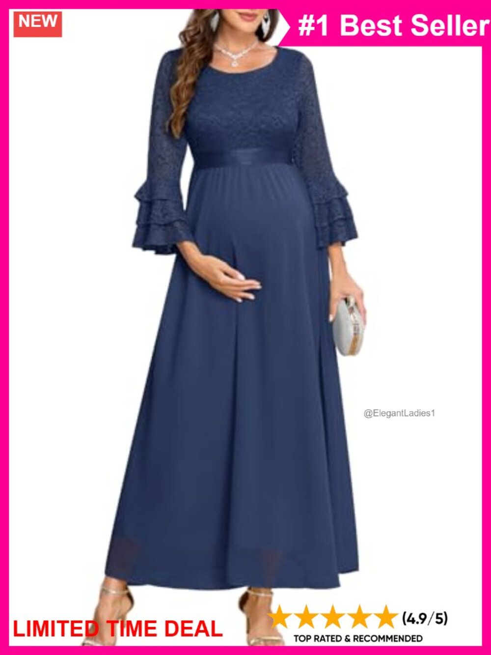 Maternity Floral Lace Chiffon Maxi Dress Ruffle Bell Sleeves Baby Shower